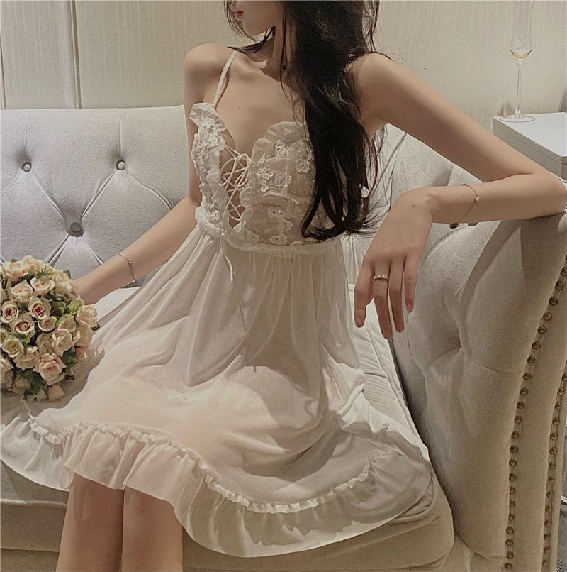 PYD1843★良質 ふんわりースアップ Aライン フレ フリル 刺繍 レーード レア ワンピース 白ス 花柄 シースルー レイヤ ドレス パーティ拍卖