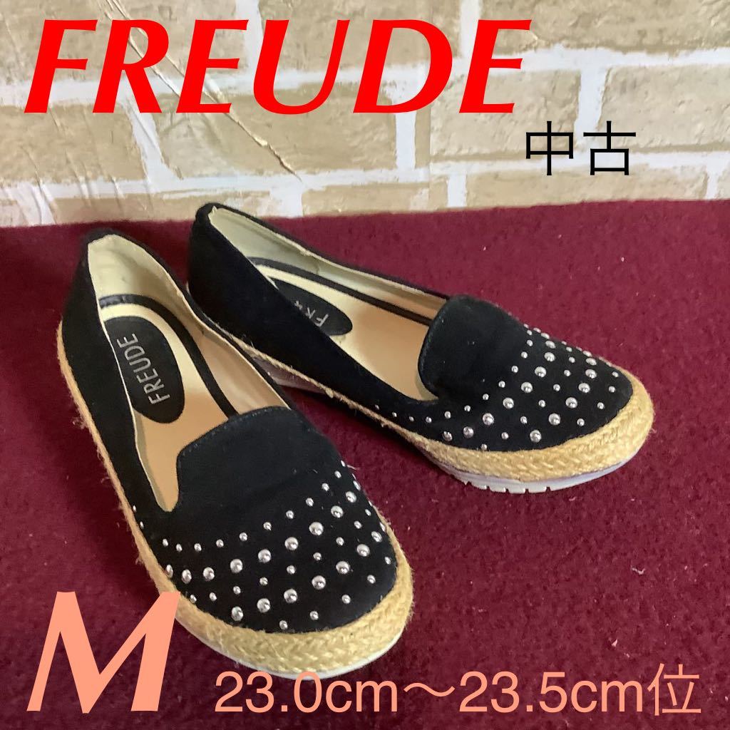 【売り切り!送料無料!】A-246 FREUDE!ウェッジソールスリッポン!黒!M 23.0〜23.5cm位!ビジュー付き!中古!拍卖