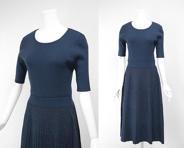 ★美品 index ◆ ラメプリーツ×リブニット ワンピース ネイビー Mサイズ フィット&フレア ロングスカート インデックス ◆ZX16拍卖