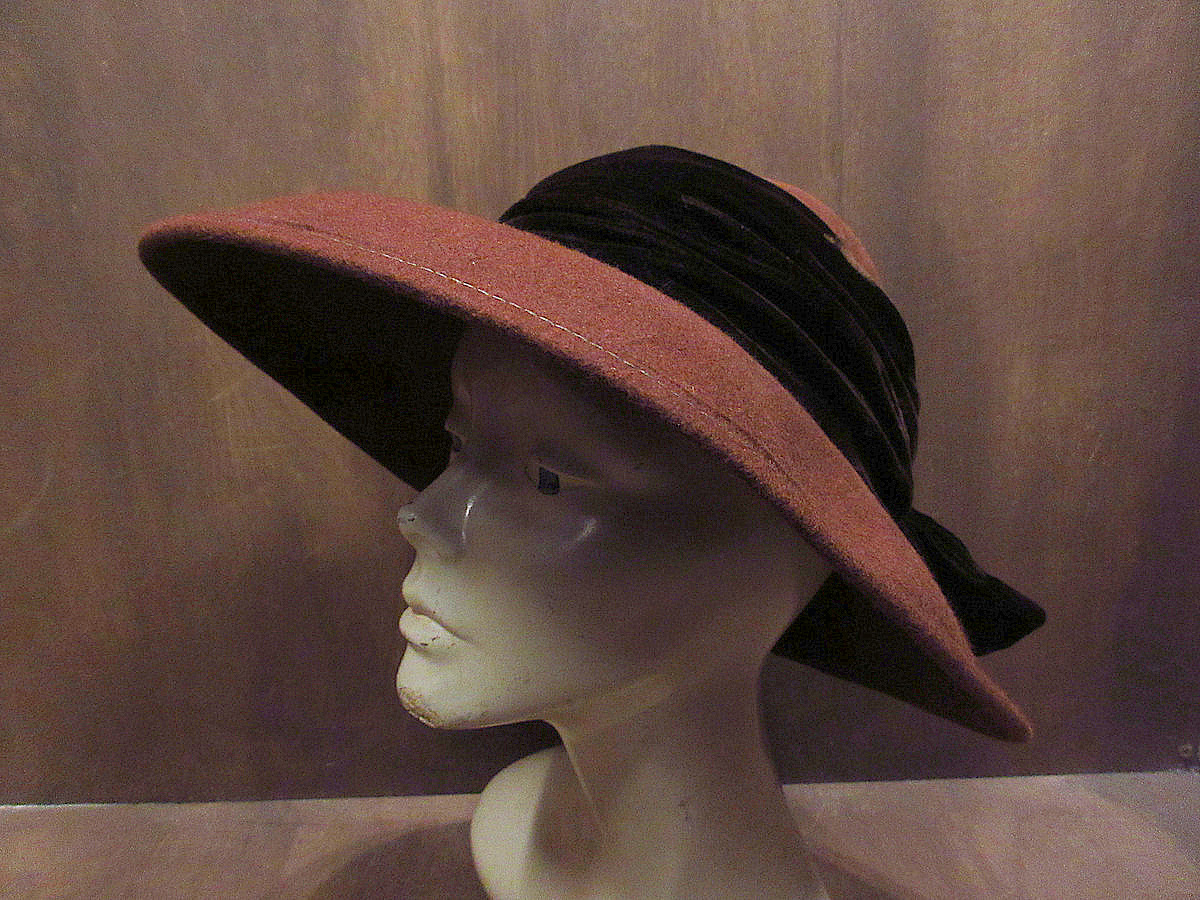 ビンテージ-80’s●MADE IN U.S.A.レディースベロアリボン付きウールフェルトハット茶●221111s6-w-ht-flt 1970s1980s帽子USA製拍卖
