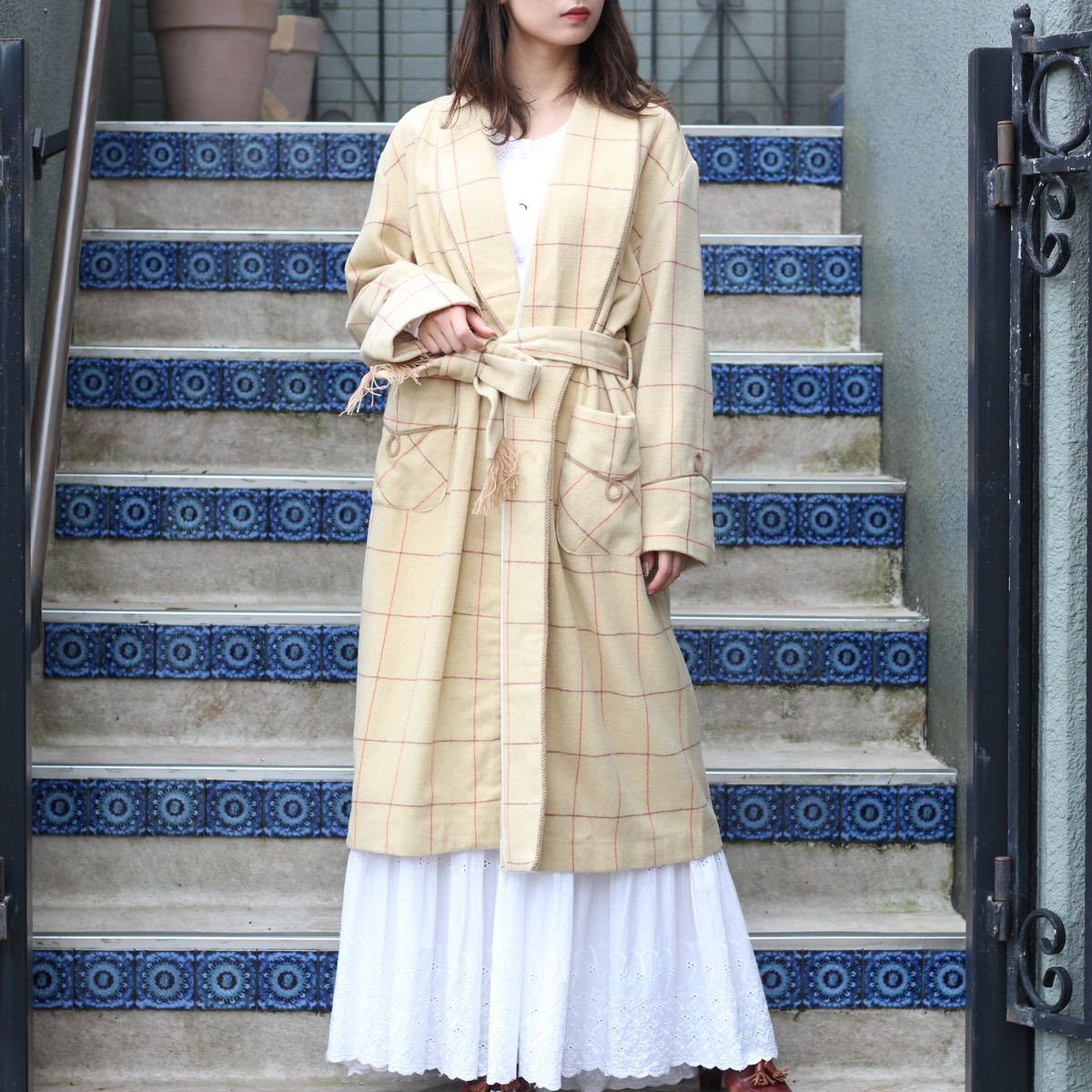 RETRO VINTAGE CHECK PATTERNED WOOL GAWN COAT/レトロ古着チェック柄ウールガウンコート拍卖