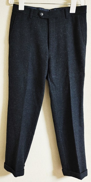 ウエスト76㎝ FABRIC MADE IN JAPAN 長ズボン 紺色 ツイード風 アンクルパンツ 毛混拍卖