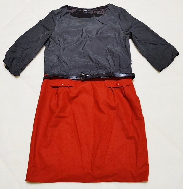 LLサイズ位 INDIVI インディヴィ 半袖 ワンピース ベルト付き 茶×赤オレンジ サイズ44拍卖