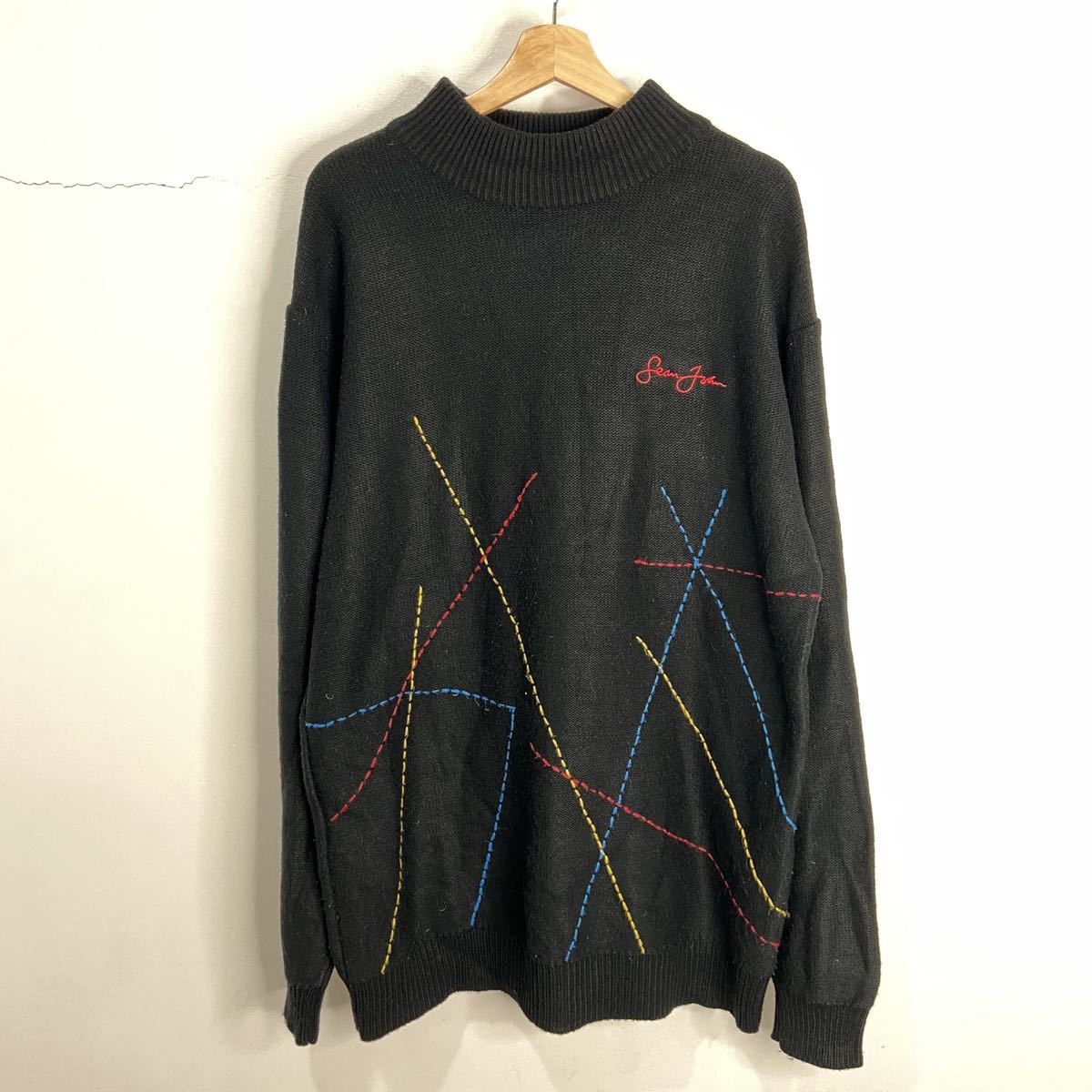 ☆送料無料☆ 90s☆Sean John☆モックネックセーター☆刺繍ロゴ☆ブラック☆拍卖
