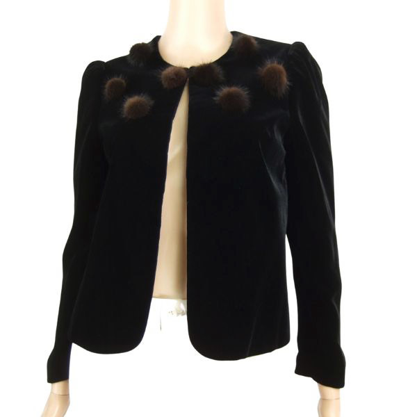 新品同様/レリアン Leilian ジャケット ノーカラージャケット 表記9号 M相当 黒 ブラック ベロア 飾り付き 単品 秋 冬 アウター レディース拍卖