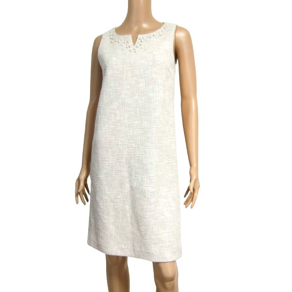 美品/マギー MAGGY ノースリーブワンピース 表記38号 9号 M相当 ベージュ パール調ビーズ装飾 綿混 コットン 単品 膝丈 秋 冬 レディース拍卖