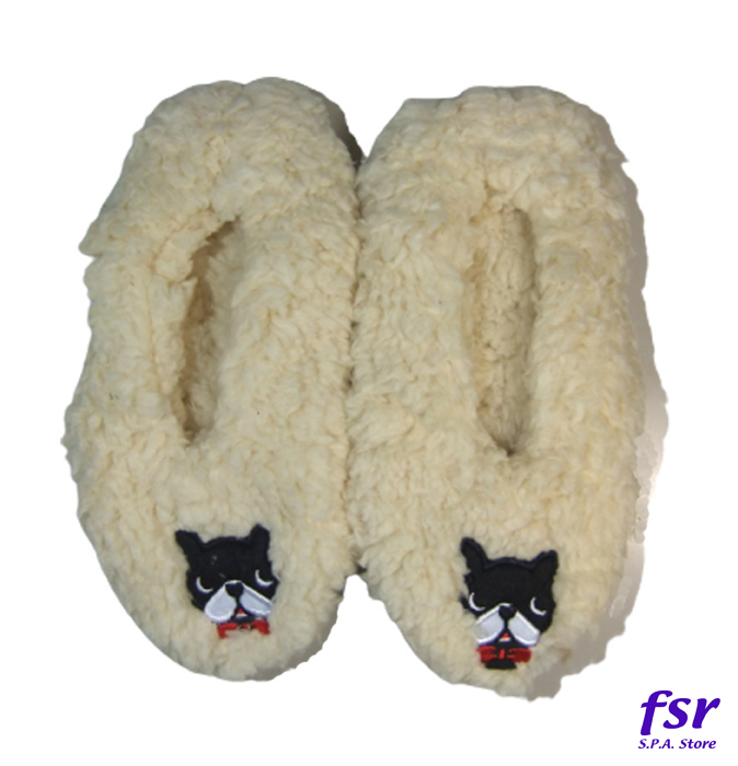 ボアルームシューズ スリッパ レディース もこもこあったか 内側ボア 防寒 滑り止め付き フレンチブルの刺繍付き アイボリー SLP-9078-IV拍卖