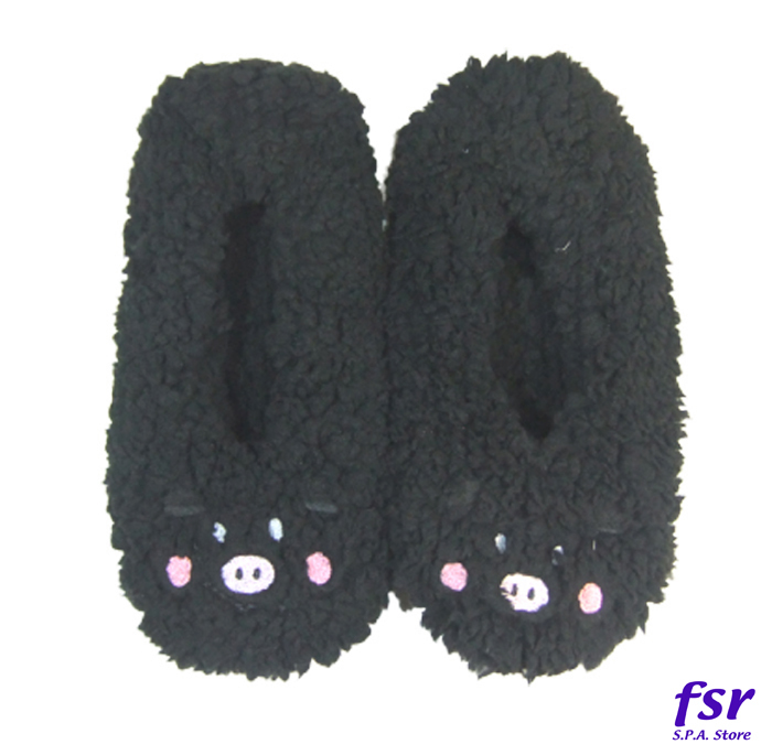 ボアルームシューズ スリッパ レディースもこもこあったか 内側ボア 防寒 軽量 底滑り止め付き かわいいぶたの刺繍付き 黒 SLP-9055-BK拍卖