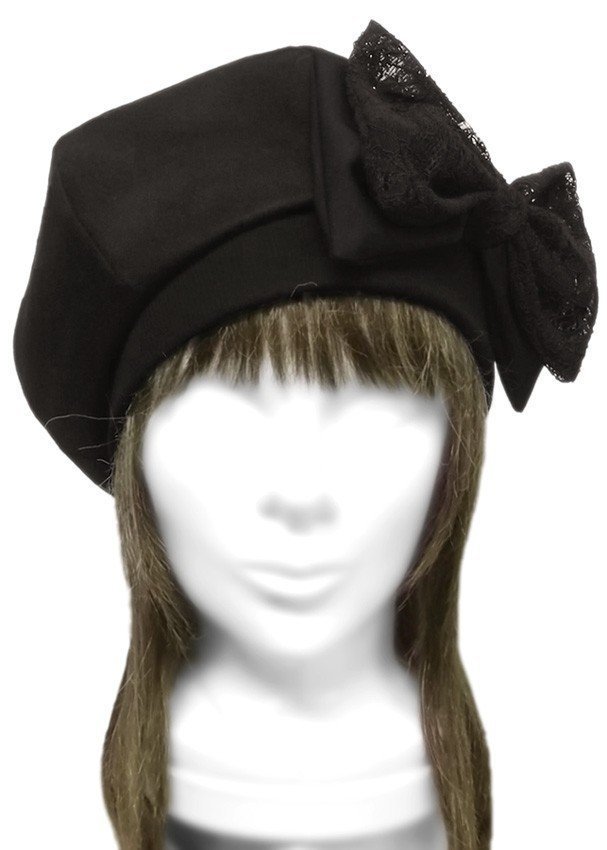 ハンドメイド◆リボン飾り/リブ付ベレー帽◆フラノウールニット/ブラック ◇ゆったりサイズ・小顔効果・寒い季節におすすめ◇拍卖