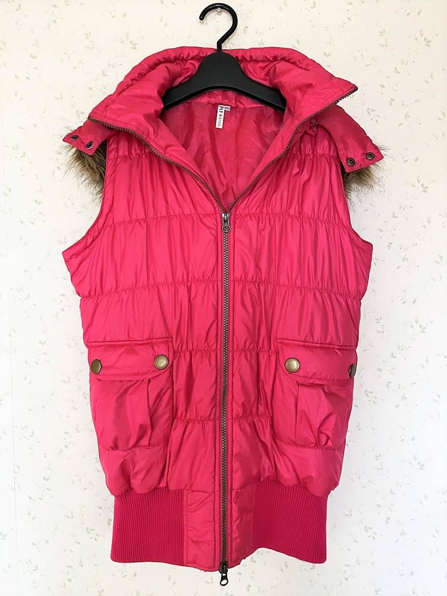 ●PLT×BASIC*ファーフード付き 中綿入りベスト●M ピンク 美品☆拍卖