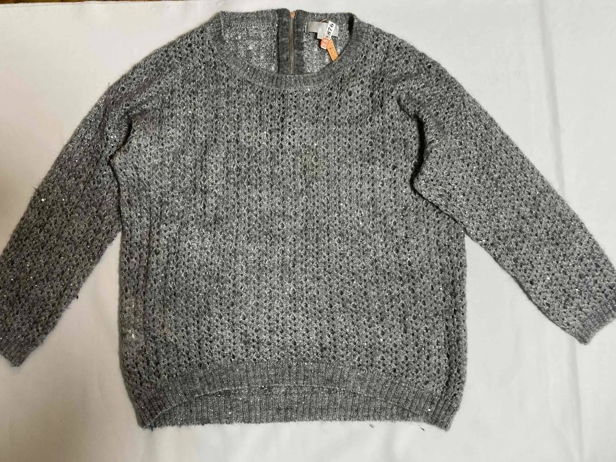 ◆自由区 大きいサイズ44 透かし編み ラインストール入りレディースセーター・グレー 拍卖