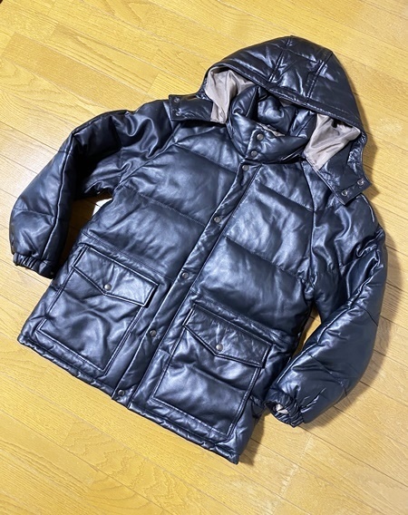 美品☆【Head Line】フーデットシープレザーダウンジャケット ブラック DA-811 羊革 M ヘッドライン HeadLine拍卖
