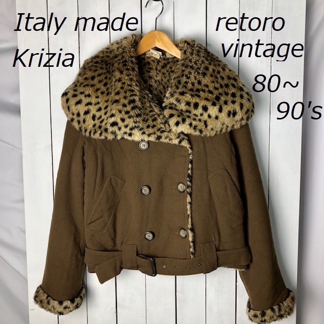 80s~90s イタリア製 Krizia クリッツァ レオパードファー ショート丈ダブルウールコート ブルゾン 42 ヴィンテージ ヒョウ柄 ●89拍卖