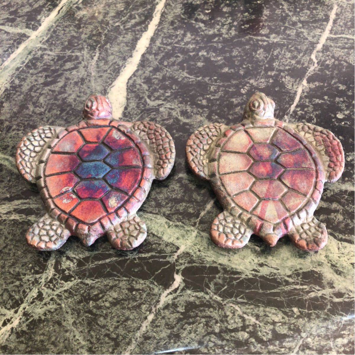 【美品】デザインコースター★亀 ハワイ 虹色 2枚セット 石 ハワイアン拍卖