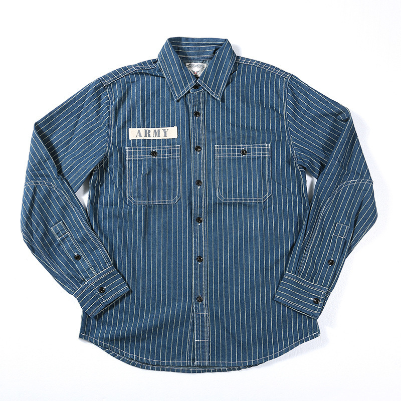 ヴィンテージ ワーク コットンピンストライプデニム長袖シャツ ダンガリーアメカジ レトロwork shirt S~XL  グレーブルー拍卖