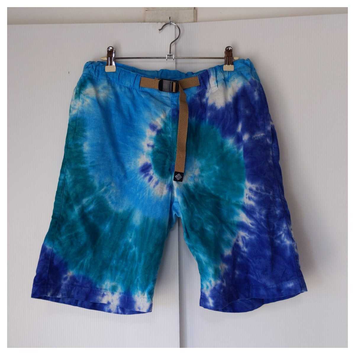 ☆ 良品 Columbia コロンビア ハーフパンツ タイダイ 麻 サイズM 水色 パープル 白 緑拍卖