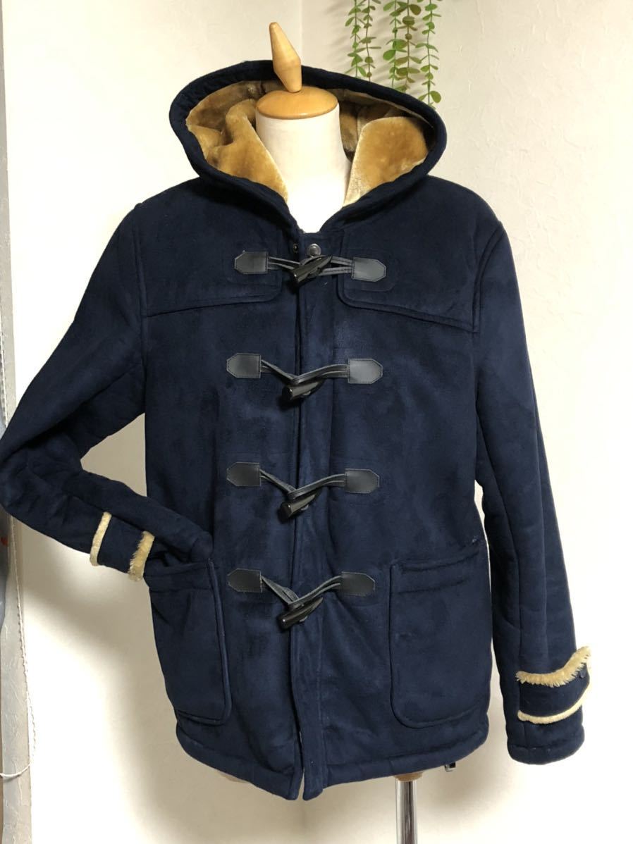 Mサイズ ダッフルコート 裏ボア ファスナーあり ネイビー ショート丈 フード付き 防寒 お洒落 軽い もこもこ あった バックスキン風拍卖