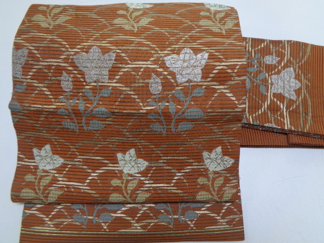 b295-80 名古屋帯 正絹 絽 金銀糸 りんどう芝草文 昭和レトロ アンティーク拍卖