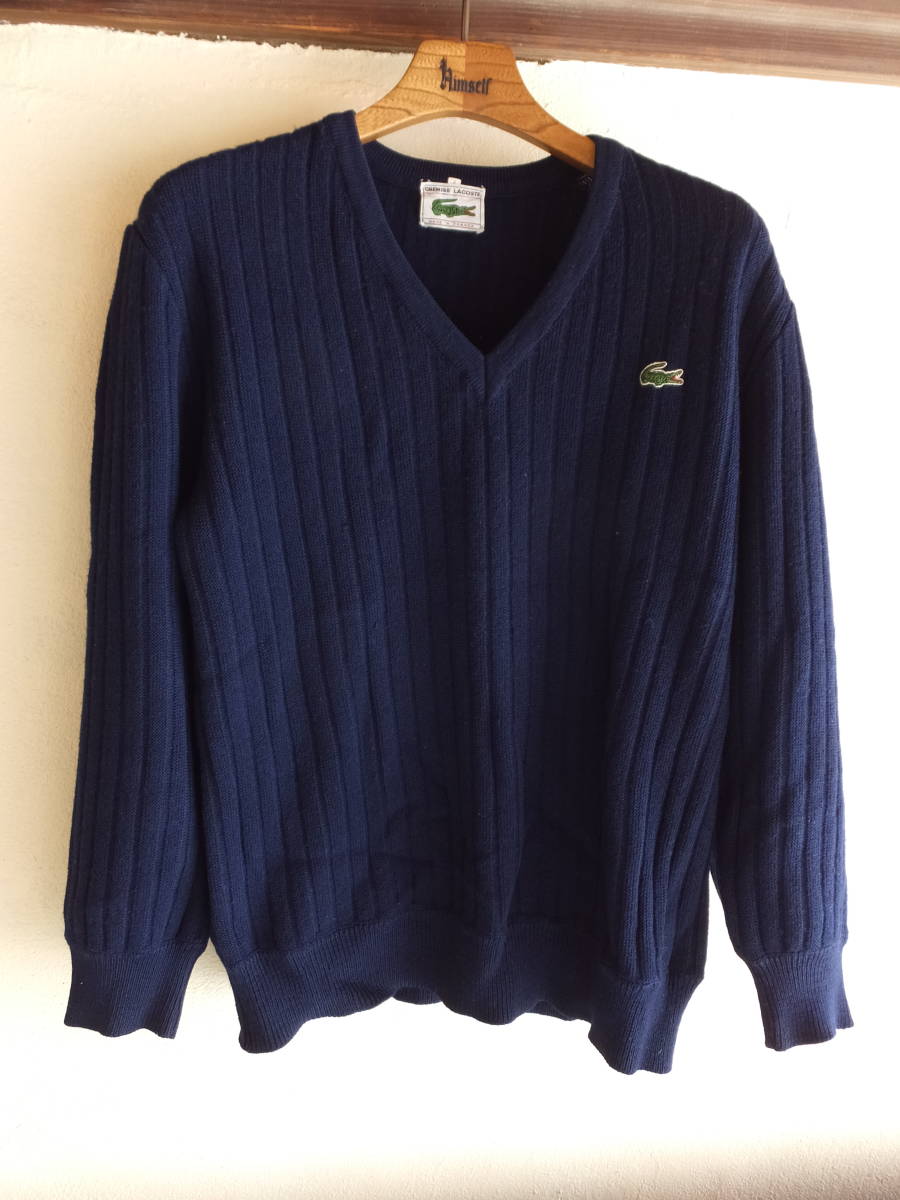 70's LACOSTE ラコステ ヴィンテージ MADE IN FRANCE メンズ Vネック リブニット セーター サイズ4 フラレコ フランス製 紺色拍卖