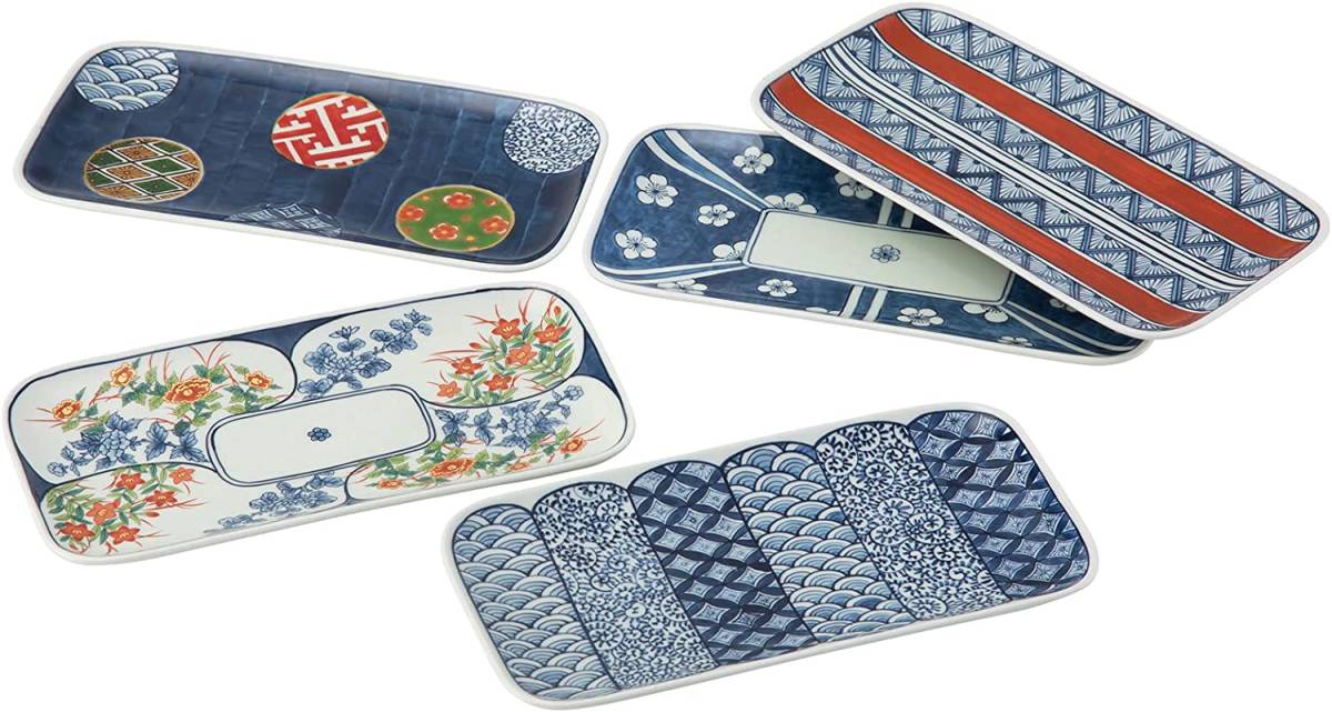 波佐見焼! ☆染錦文様長角皿揃☆ 20638 新品 盛皿 プレート 角皿 焼物皿 ギフト拍卖