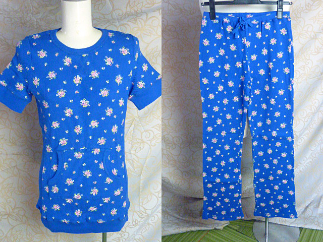 新品未使用 Grarandir グランデール レディース半袖 ブルー花柄スウエット上下 M・221107拍卖