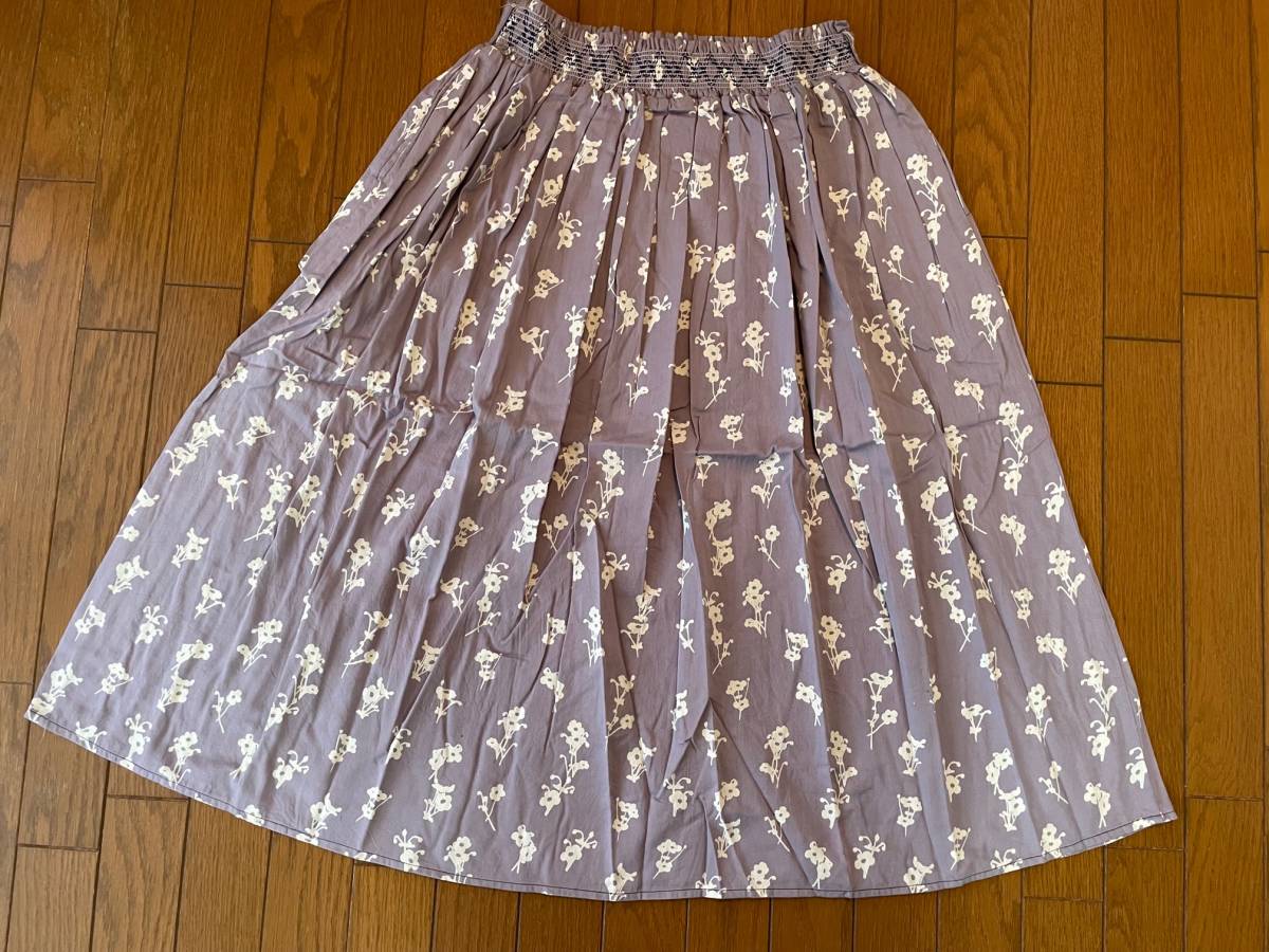 ★LADIESプリント柄ウエストシャーリングミドル丈スカート★ラベンダー×オフしろ インド製 未使用拍卖