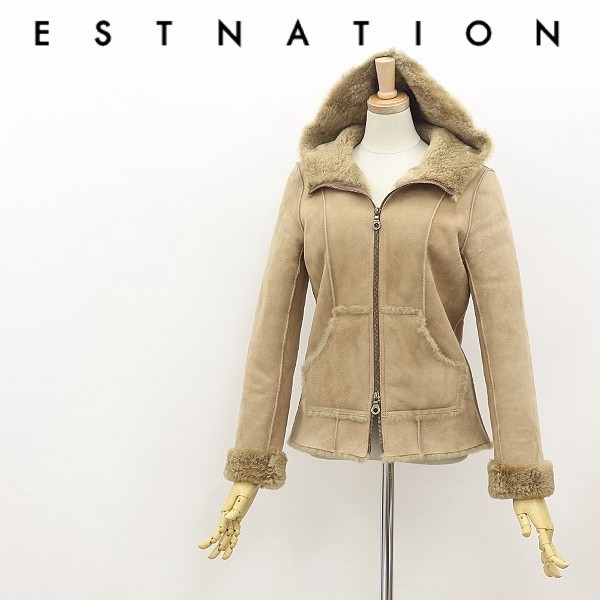 ◆D/ESTNATION エストネーション リアルムートン Wジップ フーデッド ショート コート ジャケット ベージュ拍卖