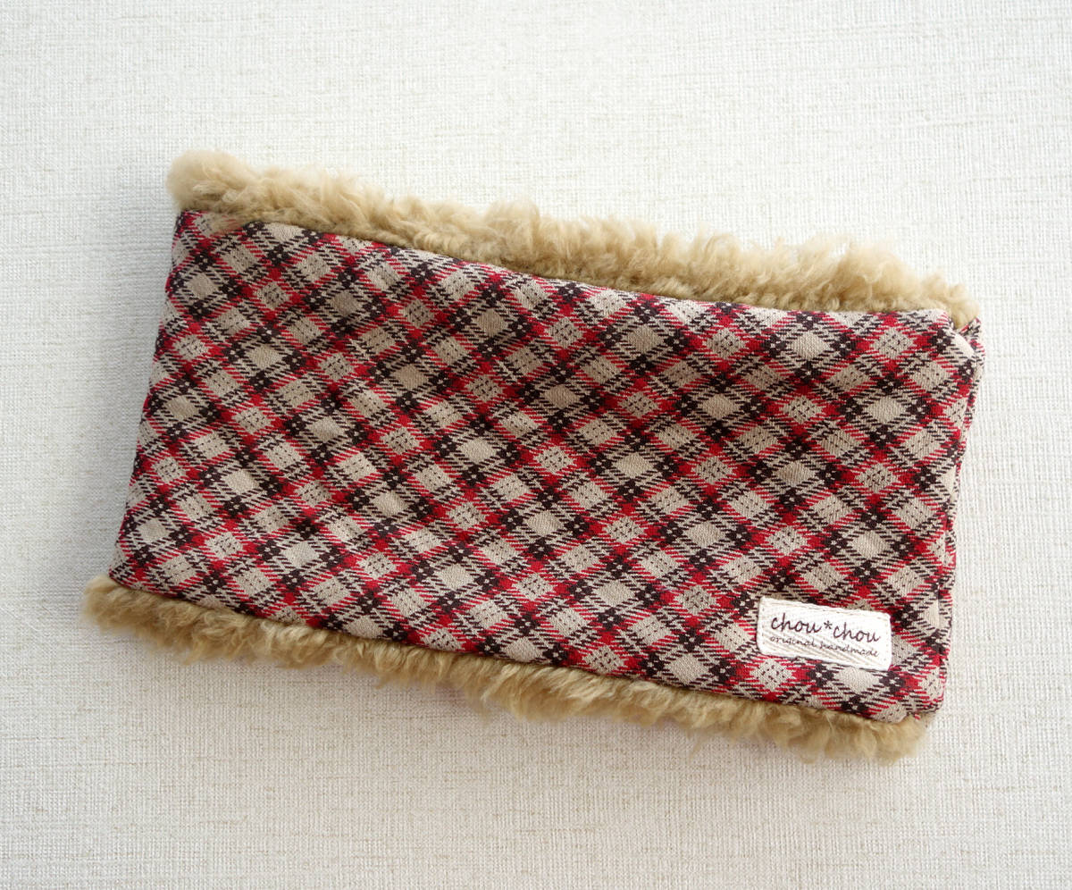 ★ ハンドメイド チェック柄ネックウォーマー ベージュ系 キッズ 小サイズ かぶりタイプ ★拍卖