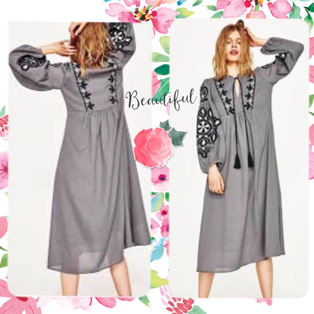 sale!新品タグ付☆ZARAザラ☆オリエンタル刺繍バルーンスリーブワンピースLグレートーン拍卖