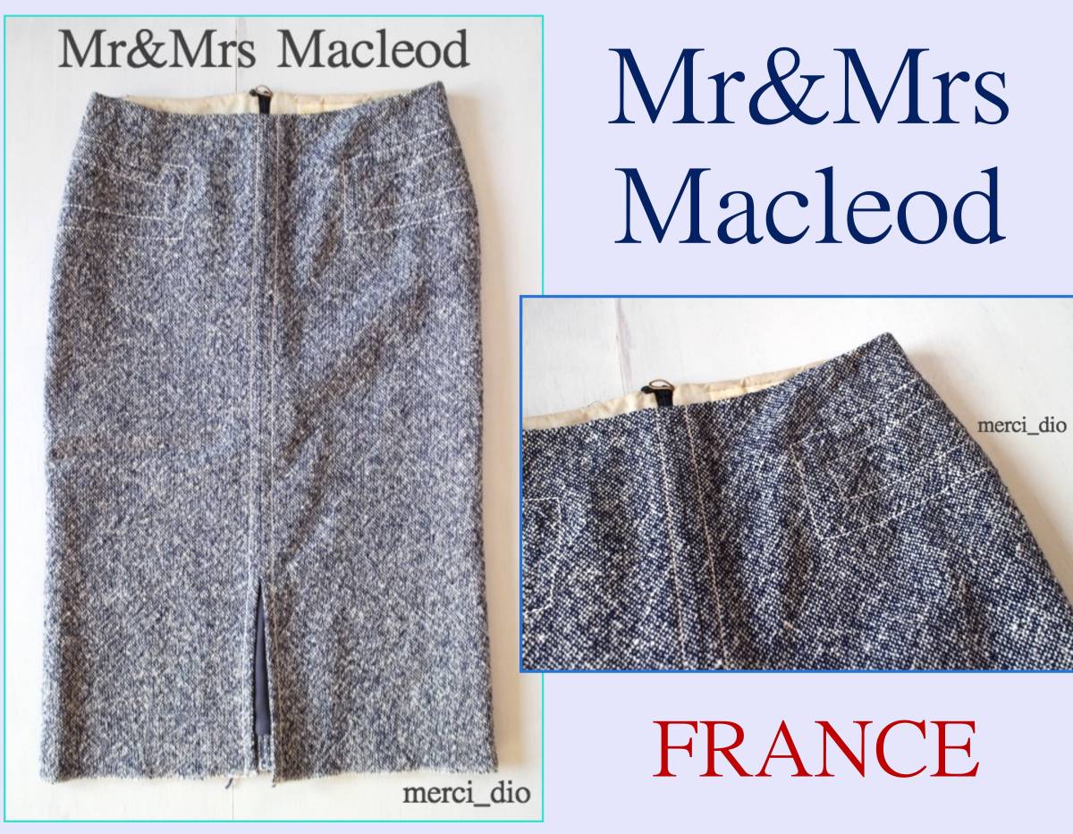 定価7.8万 <MR&MRS MACLEOD> Mr&Mrsマクラウド ウールツイード タイトスリットスカート ネイビー フランス製 エルメスデザイナー拍卖