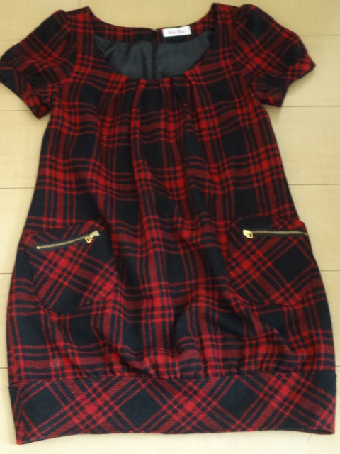 ⑭used美品★ByeBye★レディース赤チェック柄半袖ワンピース・38・裏地付き拍卖