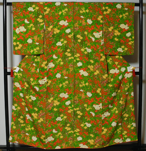 正絹 袖丈長め バチ衿 カラフル 小紋 美品 -袷-拍卖