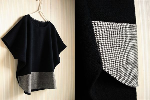 ウールゆるPO★ツィード黒&小千鳥チェック ハンドメイド 拍卖