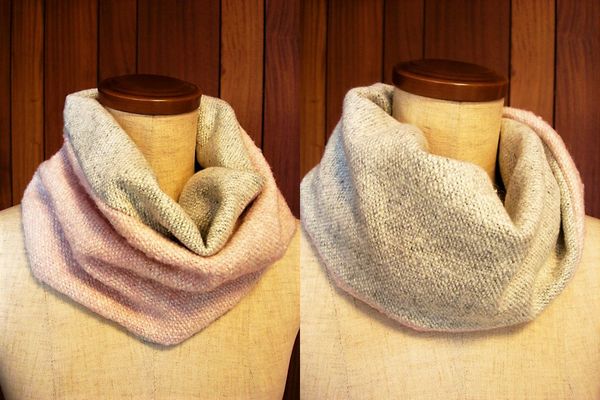 ウールネックウォーマー★ラメ入りツィード淡ピンク&グレーパッチワーク メビウス ハンドメイド 拍卖