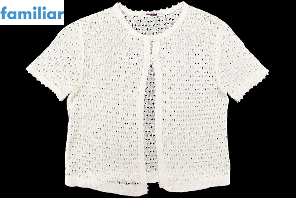 S3590★送料無料★美品★FAMILIAR ORIGINAL ファミリア★春夏秋 ホワイト カギ編みニット 上品なコットン半袖カーディガン 14 べっぴんさん拍卖