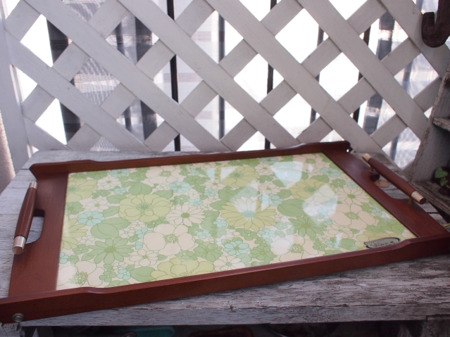 レトロポップキッチン雑貨*グリーン系花柄トレー☆盆リビングインテリア拍卖