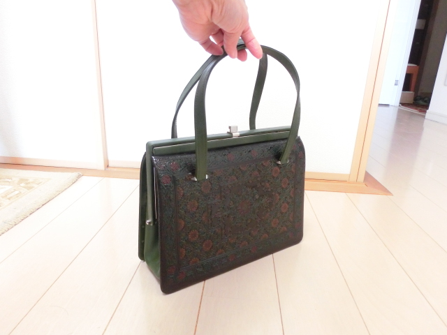 深緑 皮革 レトロハンドバッグ 四角形 手鏡付き 拍卖