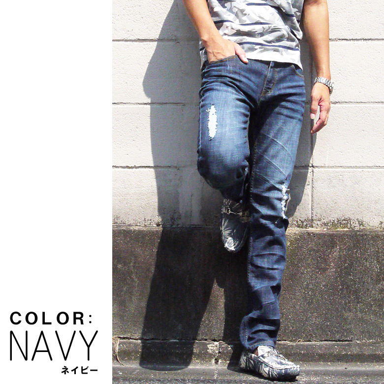 ダメージ加工ストレッチスキニーデニムパンツ ジーパン ダメージ加工 50-hu576新品ネイビーM拍卖