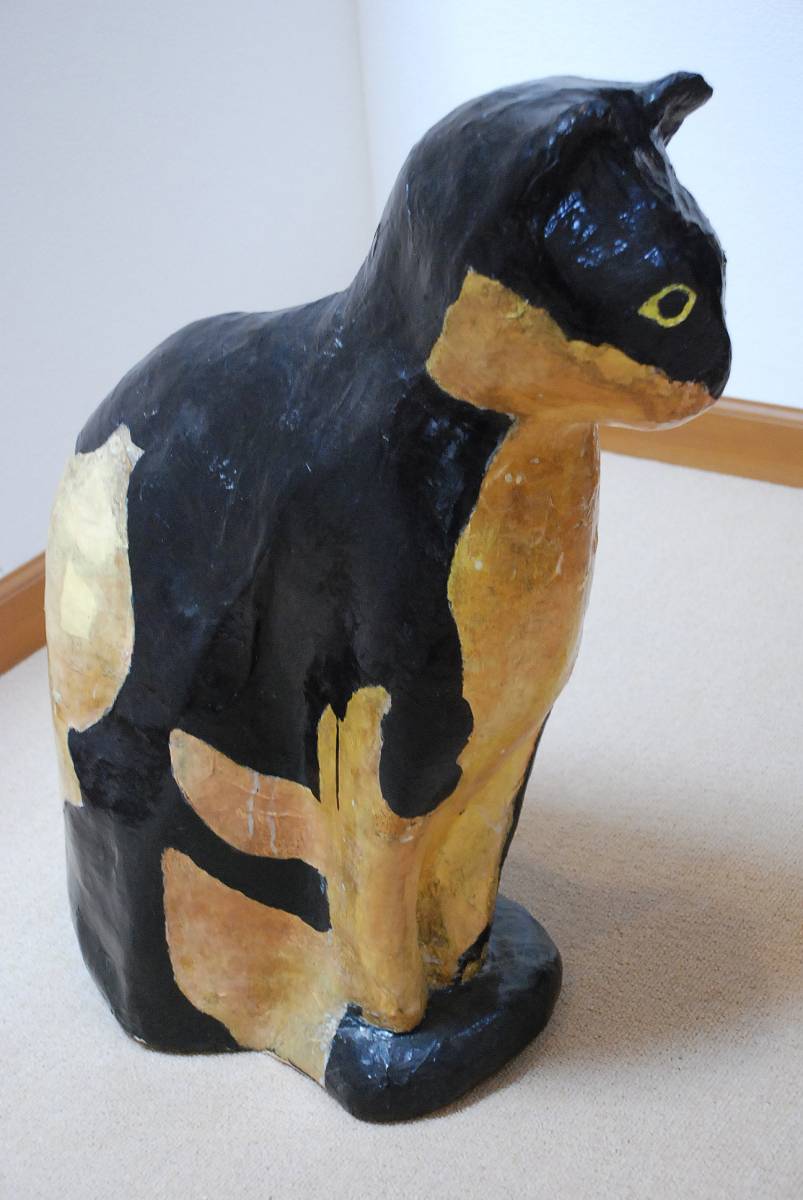 天然紙+新聞紙のいきもの的オブジェ/ねこの置物/ハンドメイド猫/手作りの逸品/展示品拍卖