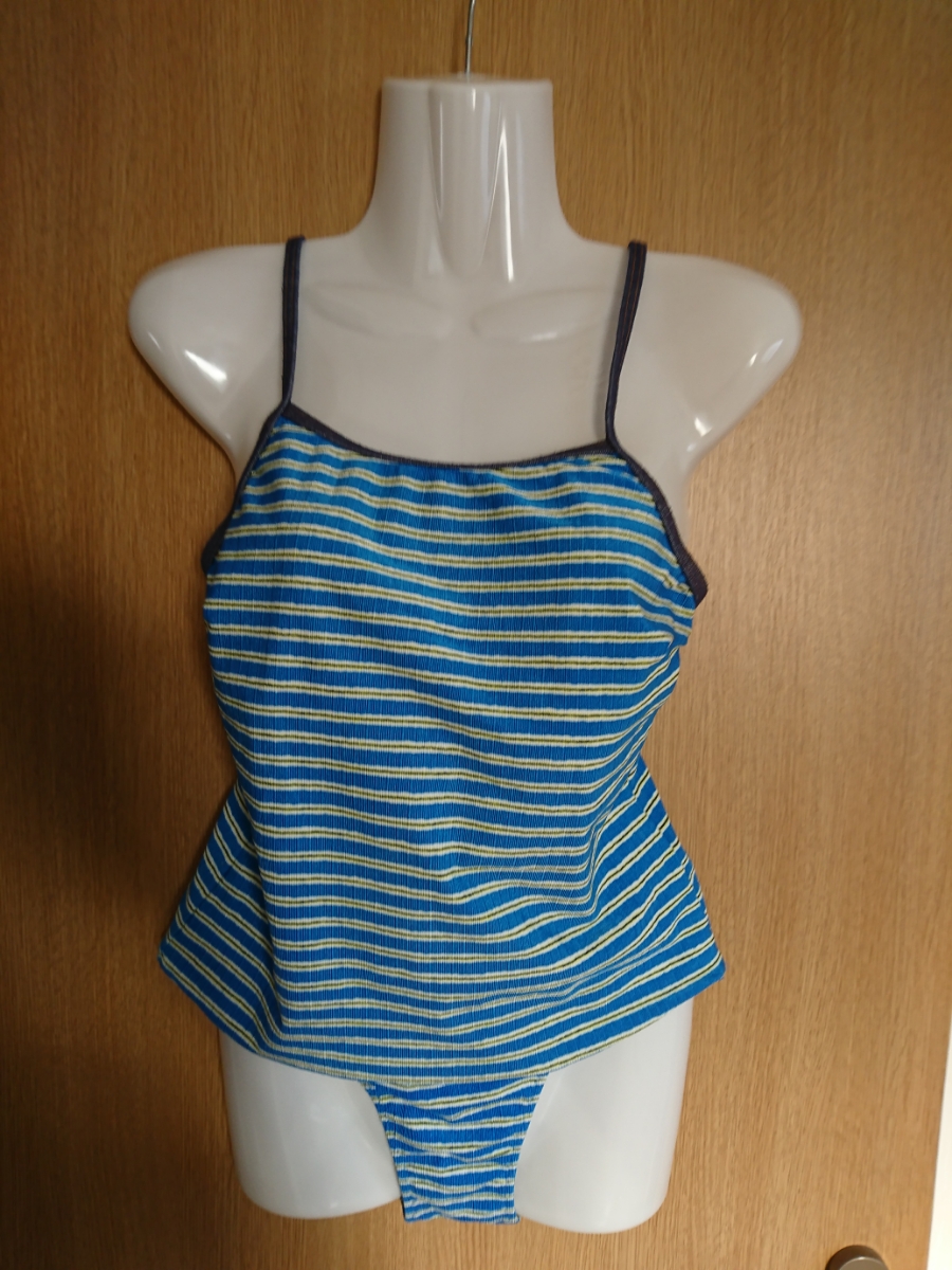 ☆青×黄色のボーダー柄のタンキニ水着2点セット☆サイズ11L☆デニム・トリミングデザイン☆拍卖