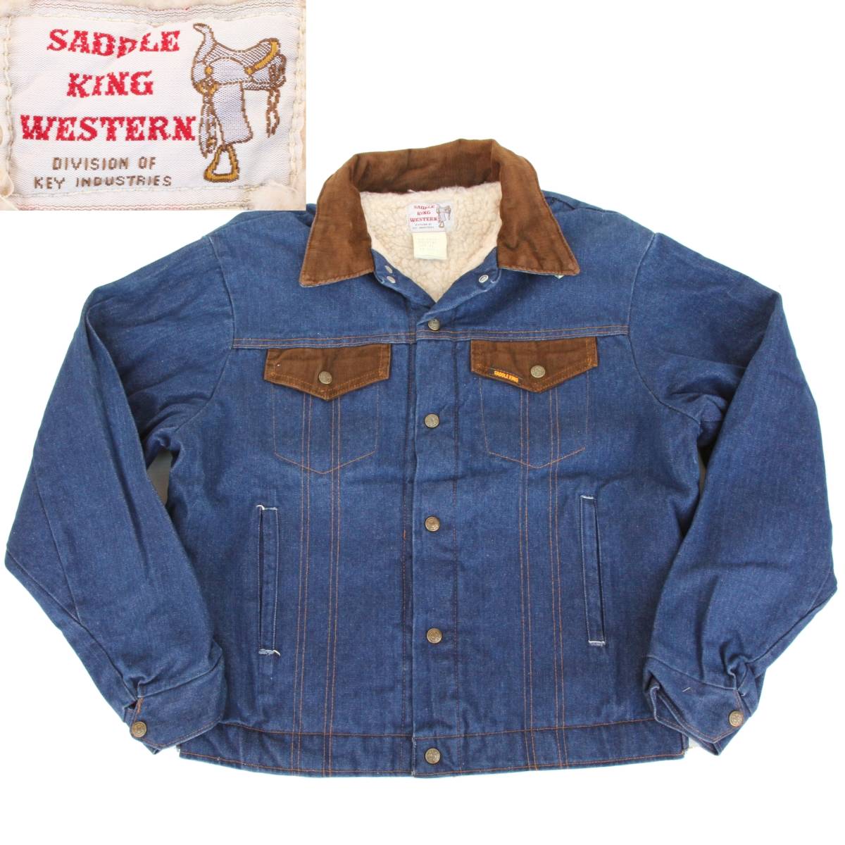 (29641)美品70s-80s SADDLEKINGサドルキング ヴィンテージ デニムジャケット42(MADE IN USAアメリカ ボア ライナー ポケット コーデュロイ拍卖