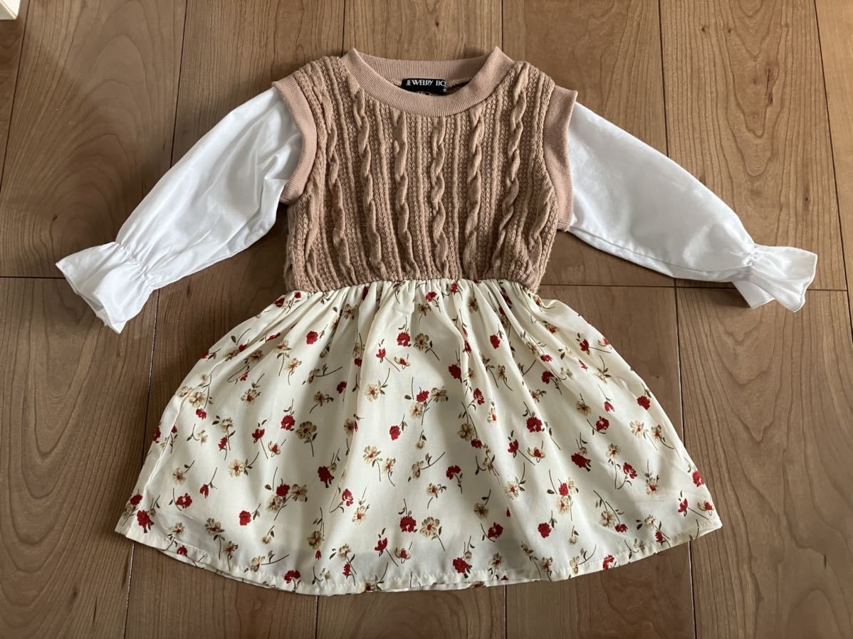 美品 女の子 ベビー 重ね着風 ドッキングワンピース 80センチ 春秋拍卖