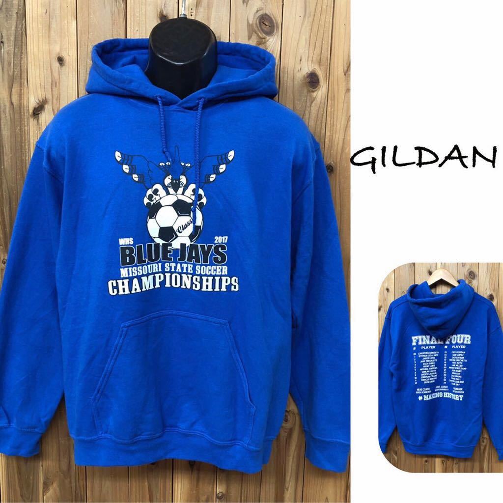 GILDAN◇ギルダン 長袖 スウェット パーカー トップス 裏起毛 プリント BLUE JAYS /MISSOURI STATE アメカジ サッカー USA古着 メンズM拍卖