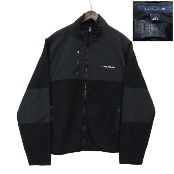 サイズ L/G トミーヒルフィガー TOMMY HILFIGER フリース ジャケット フルジップ ブラック 切り替えし 古着 2N2698拍卖