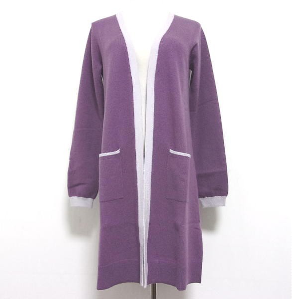 新品★高島屋★カシミヤ100%★ライン配色ロングカーディガン★コーディガン★パープル ヴァイオレット★Mサイズ★TAKASHIMAYA拍卖