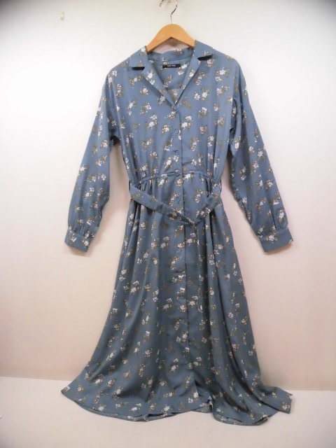 one way ワンウェイ ワンピース ロング シャツ 花柄 フラワー 水色 ライトブルー サイズM拍卖