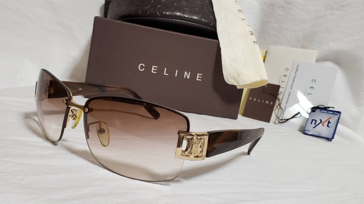 正規 激レア CELINEセリーヌ マカダムロゴ メタルコンビフレームサングラス 茶系 オールドクラシックアイウェア エンブレムアイコン 付属有拍卖