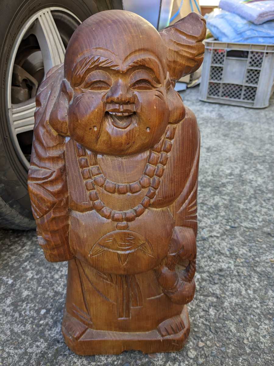 布袋様 木彫り 無垢材 レトロ 古い アンテーク 高さ43センチ 縁起物 商売繁盛拍卖