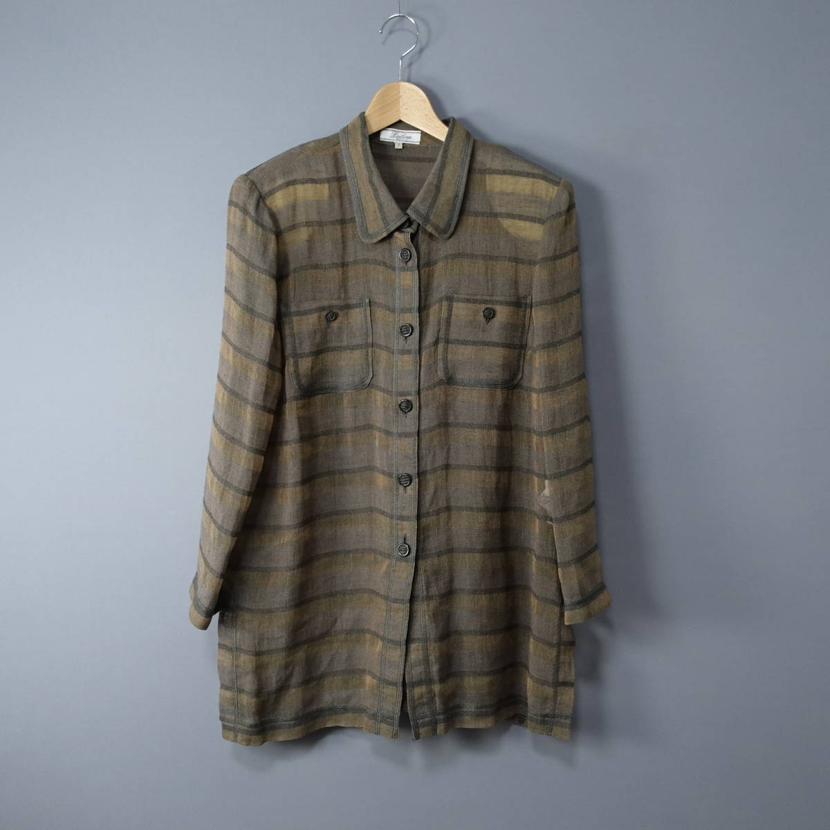 Leilian/レリアン/9/日本製/リネンシャツ/カーキ×ブラウン/レディース/ジャケット/肩パッド拍卖