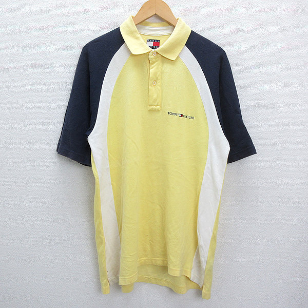 Z■90年代・古着■トミーヒルフィガー/TOMMY HILFIGERラグラン 半袖ポロシャツ■黄色【メンズL】MENS/レトロ3【中古】■拍卖